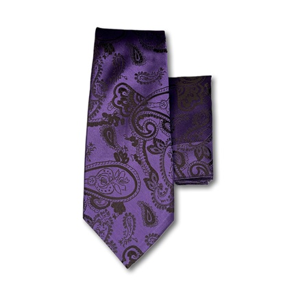Ethmen Men's Purple & Black Paisley Silk-Feel Tie and Pocket Square Gift Set