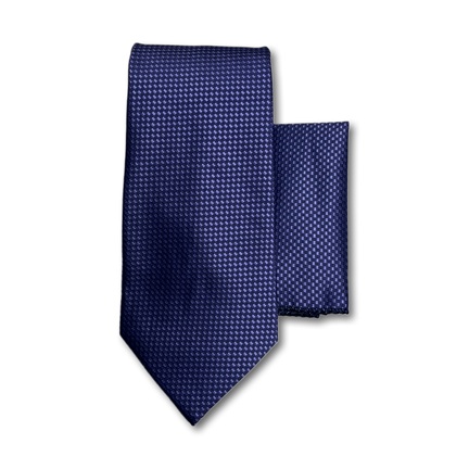 Ethmen Men's Navy Blue Micro-Check Woven Silk-Feel Tie and Pocket Square Gift Set