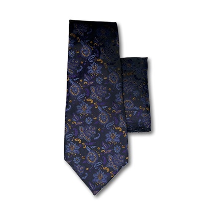 Ethmen Navy Blue Floral Paisley Tie and Pocket Square Gift Set