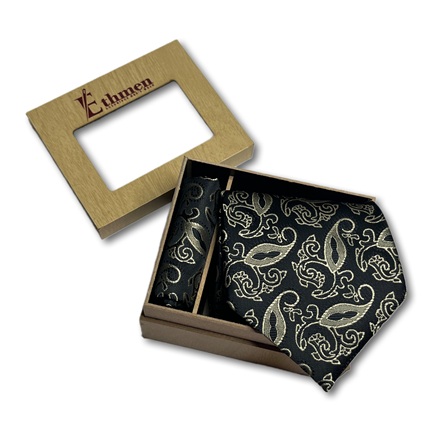 Ethmen Black & Gold Paisley Woven Silk Feel Tie and Pocket Square Set