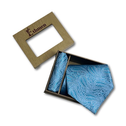 Ethmen Luxury Aqua Blue & Silver Woven Paisley Necktie and Pocket Square Gift Set