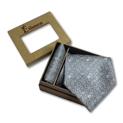Ethmen Light Grey Floral/Paisley Tie and Pocket Square Gift Set