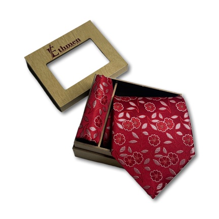 Ethmen Luxury Scarlet Red & Silver Woven Floral Necktie and Pocket Square Gift Set